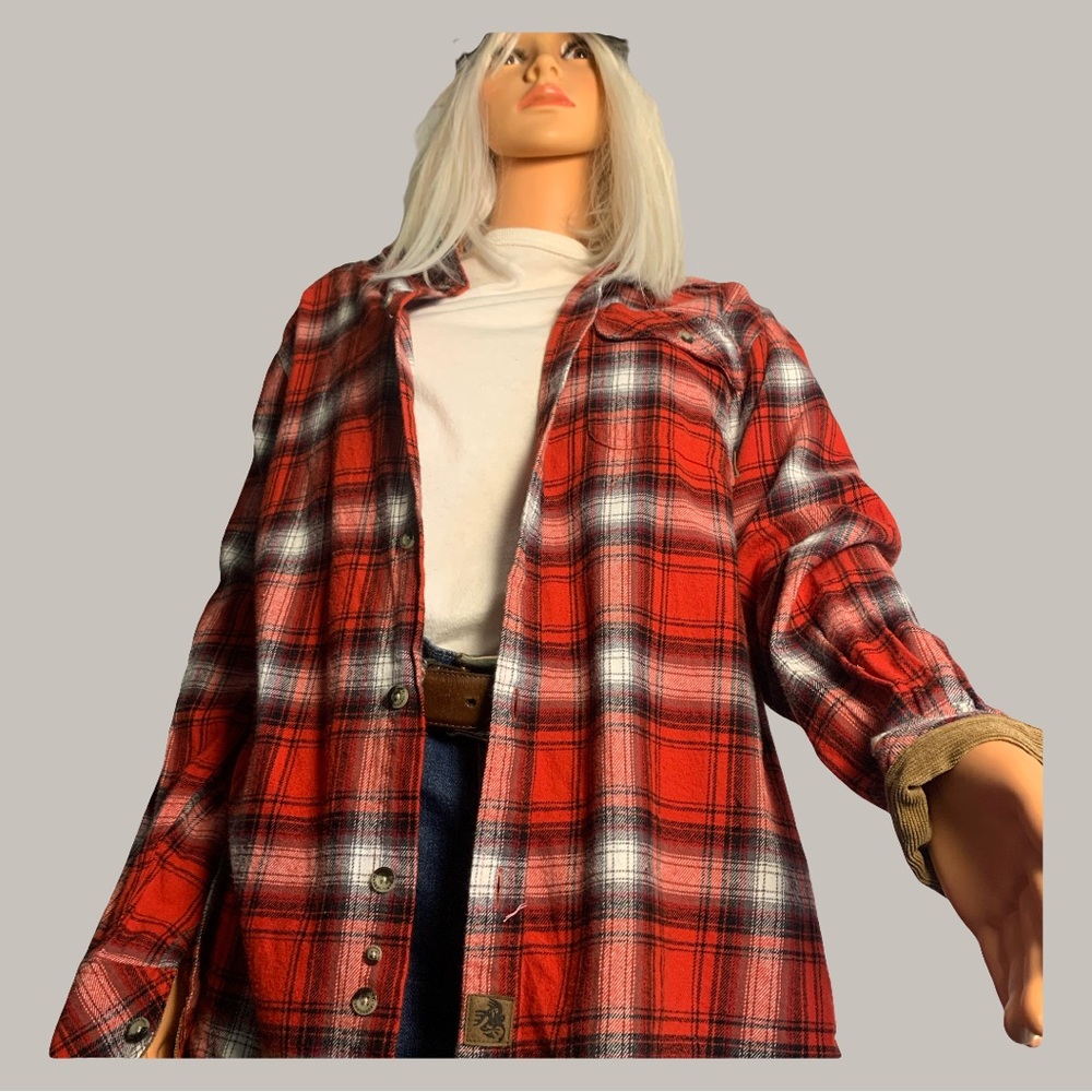 Upcycled Vibrant Red Plaid Unicorn Sequin Shirt - Picture 10 of 11